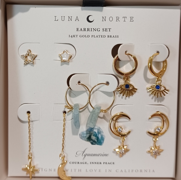 5 PAIRS OF EARRINGS BY LUNA NORTE GOLD PLATED AQUAMARINE GEMSTONES BRAND NEW - Picture 1 of 11